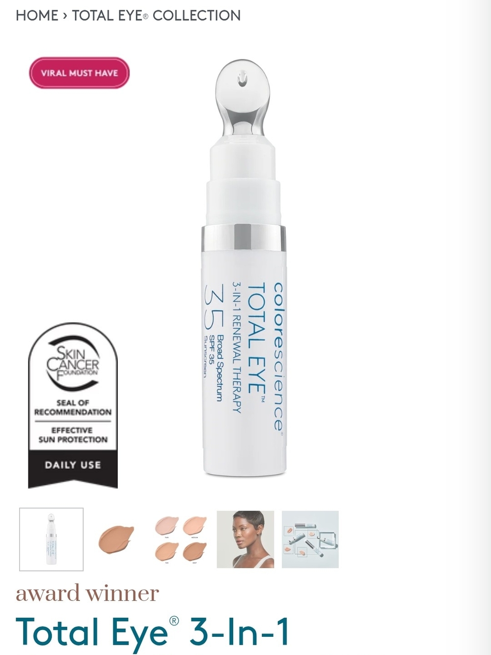 Colorescience Total Eye 3-in-1 Renewal Therapy SPF 35 - New Without Box - Deep